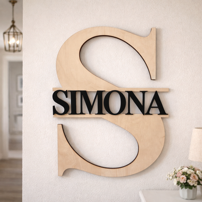 Scritta nome personalizzata FotoGrafica in legno chiaro e nero, decorazione da parete elegante per interni casa