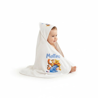 Accappatoio per neonato bianco FotoGrafica con cappuccio, personalizzato con nome Matteo e stampa di Winnie the Pooh