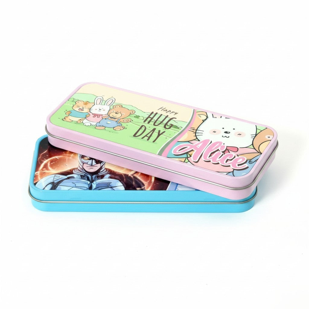 Astuccio rigido in metallo FotoGrafica personalizzabile con grafiche colorate per bambini e chiusura a incastro