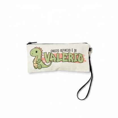 Astuccio in tessuto FotoGrafica personalizzato con disegno di dinosauro e nome Valerio, ideale per scuola e ufficio