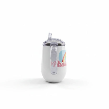 Bicchiere FotoGrafica per bambini bianco con doppio manico ergonomico, beccuccio anti-goccia e stampa arcobaleno