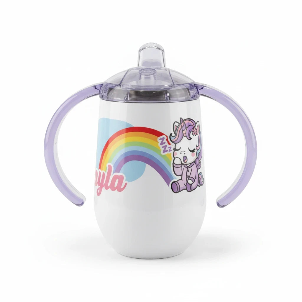 Bicchiere FotoGrafica per bambini bianco con manici viola, beccuccio anti-goccia e stampa di unicorno con arcobaleno