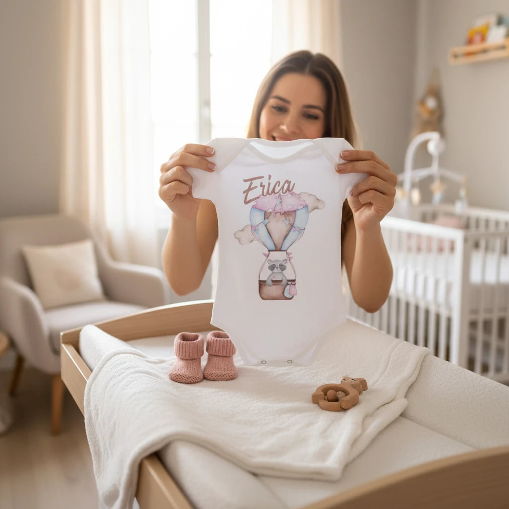 Donna che mostra un body neonato bianco personalizzato FotoGrafica con stampa di mongolfiera e nome in cameretta