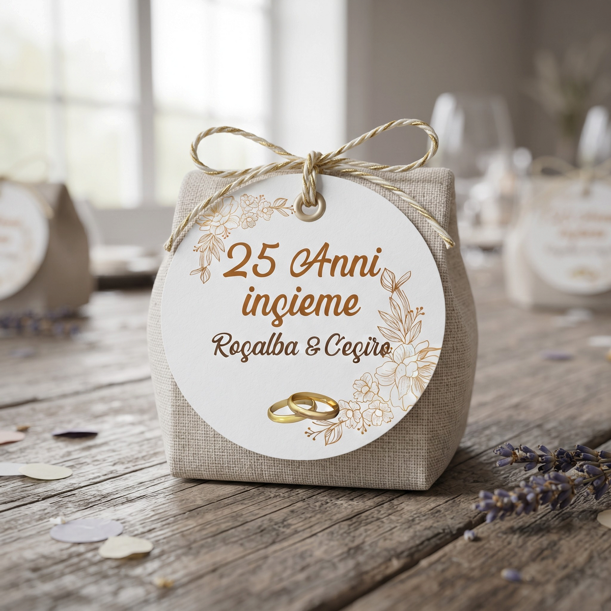Bomboniera FotoGrafica in tessuto beige con etichetta rotonda personalizzata per 25 anni di matrimonio