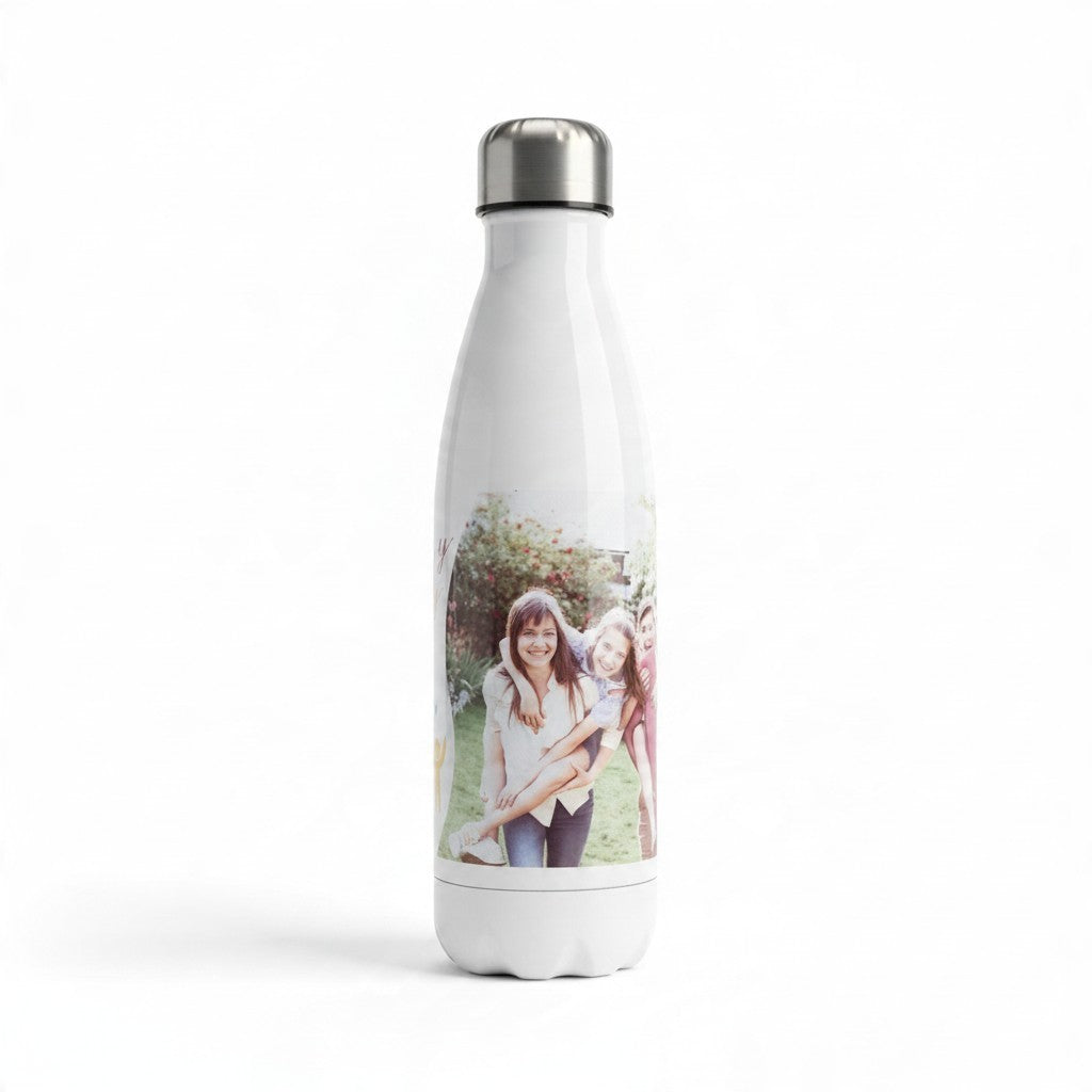 Borraccia FotoGrafica bianca in metallo personalizzata con una foto di famiglia stampata e tappo in acciaio