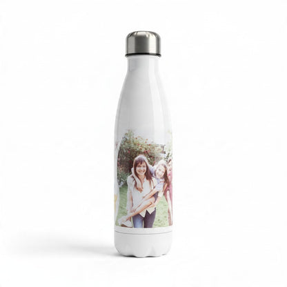 Borraccia FotoGrafica bianca in metallo personalizzata con una foto di famiglia stampata e tappo in acciaio