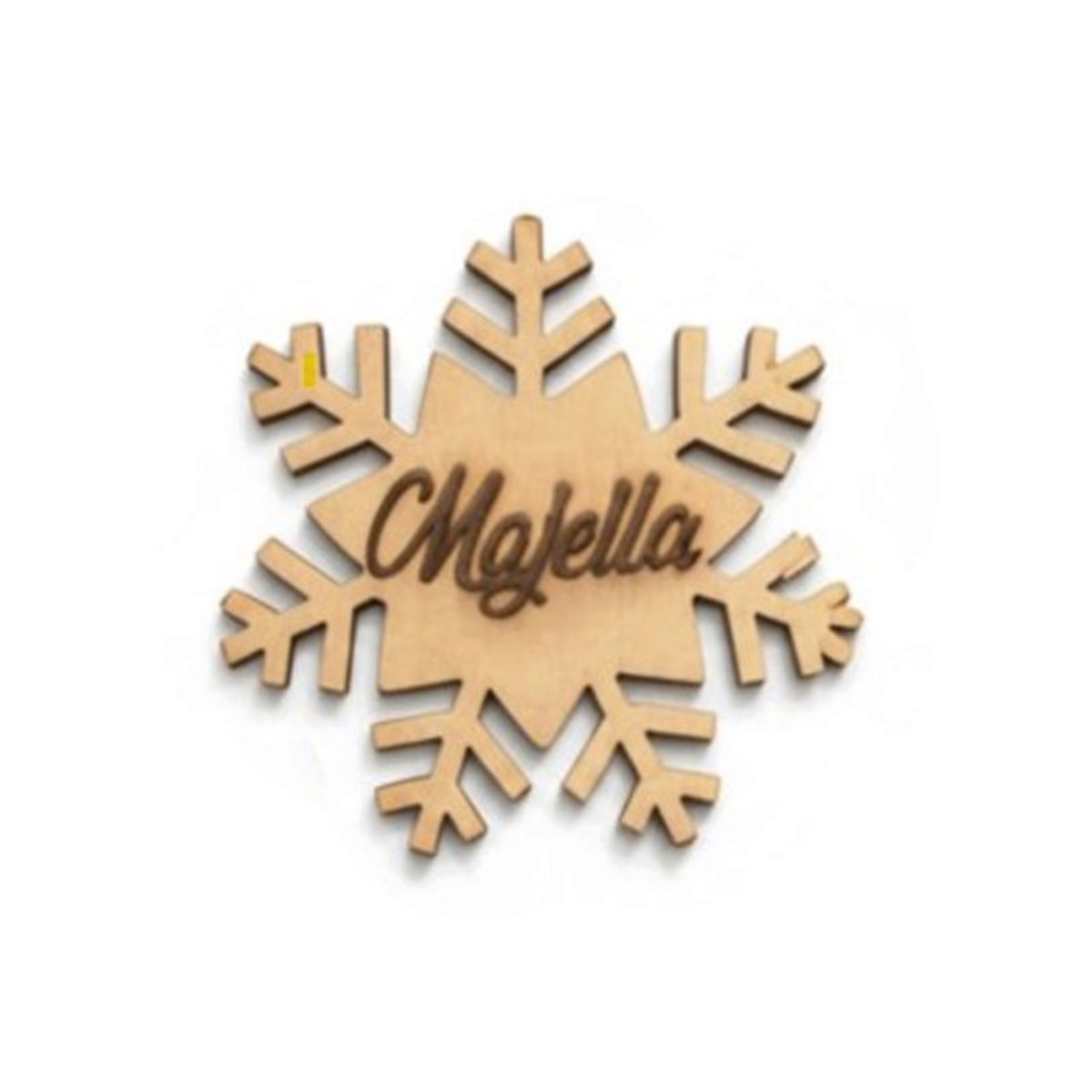 Calamita FotoGrafica a forma di fiocco di neve in legno naturale con nome personalizzato inciso al centro