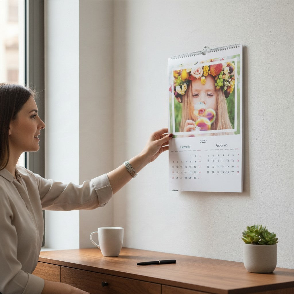 Donna appende un Calendario Brilliance FotoGrafica personalizzato con foto di una bambina alla parete dell'ufficio