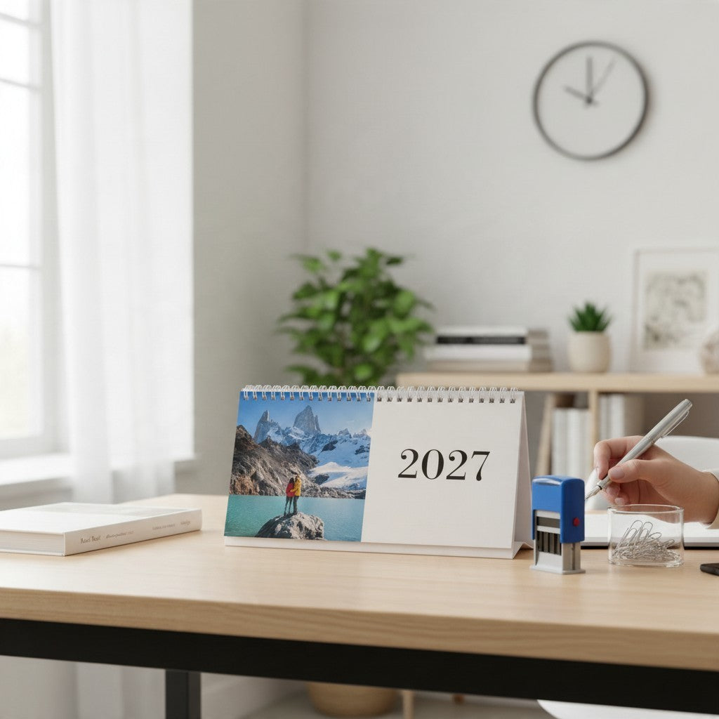 Calendario da tavolo orizzontale 12 mesi FotoGrafica con rilegatura a spirale su scrivania in legno