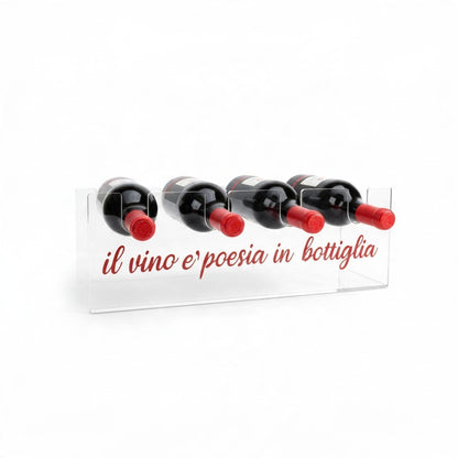 Cantinetta da tavolo FotoGrafica in plexiglass trasparente con scritta rossa personalizzata per quattro bottiglie