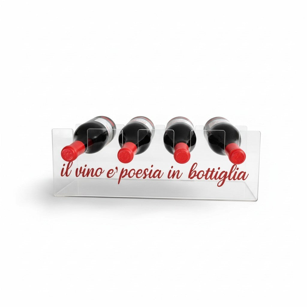 Cantinetta da tavolo FotoGrafica in plexiglass trasparente con scritta rossa il vino e poesia in bottiglia