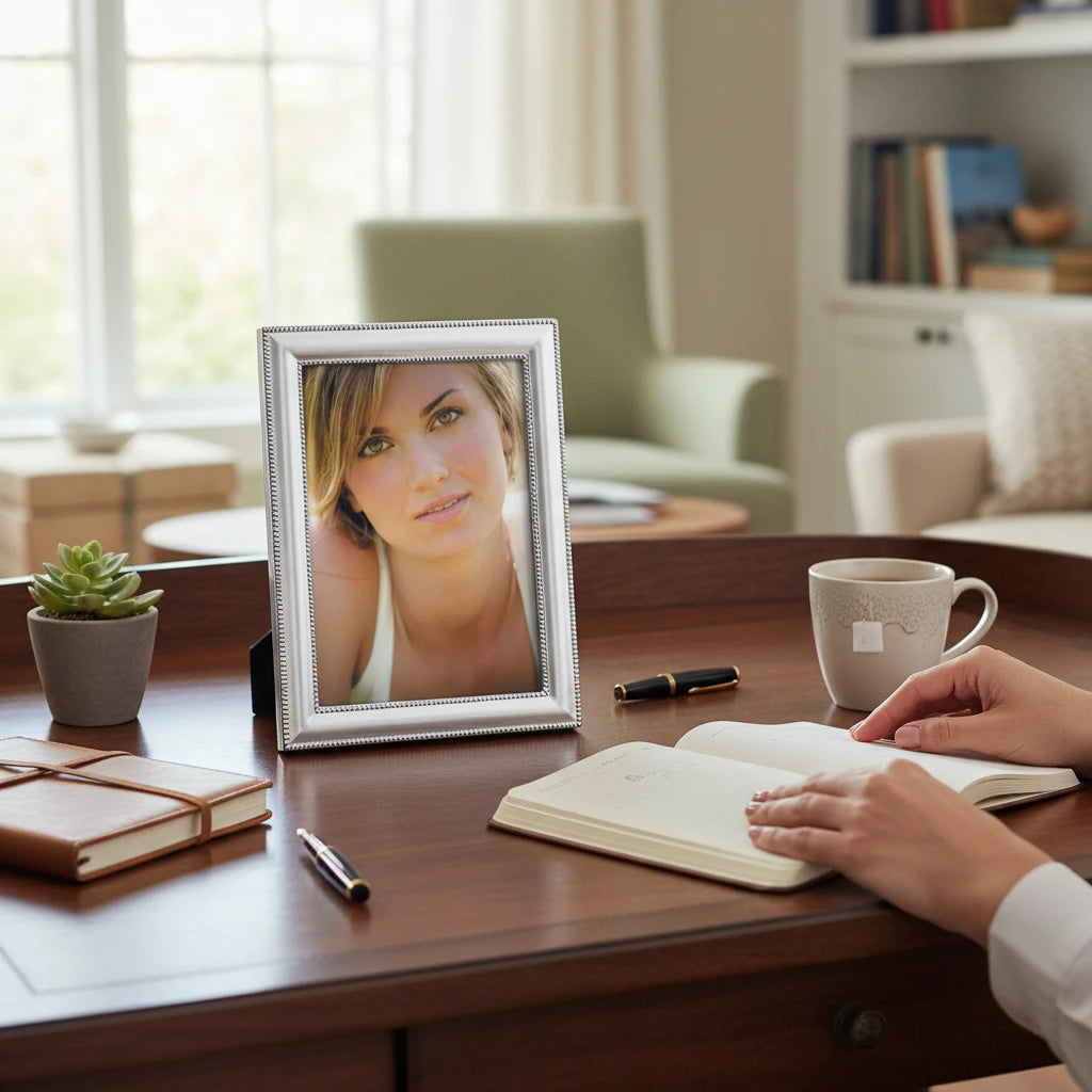Portafoto da tavolo FotoGrafica color argento con finitura lucida e design minimalista su scrivania in legno