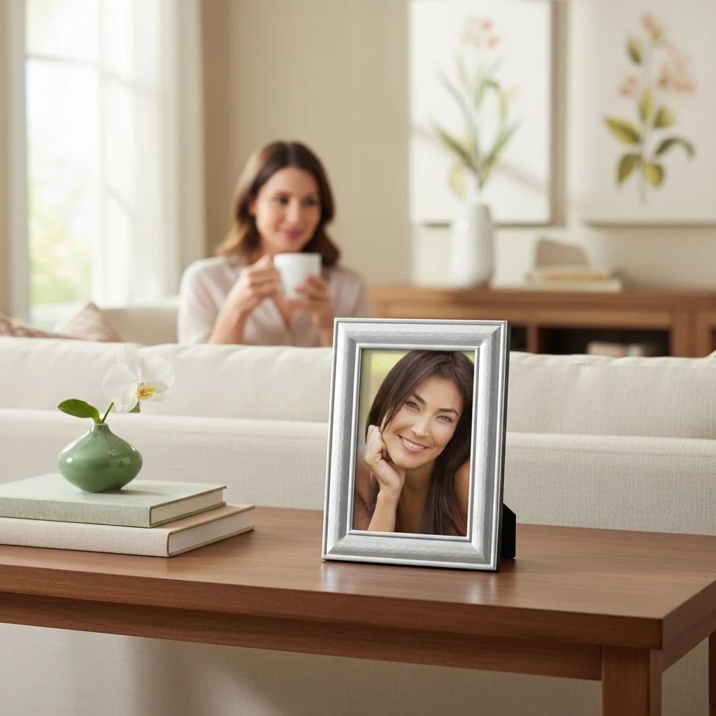 Portafoto da tavolo FotoGrafica color argento con finitura lucida e design minimalista su un tavolo in legno