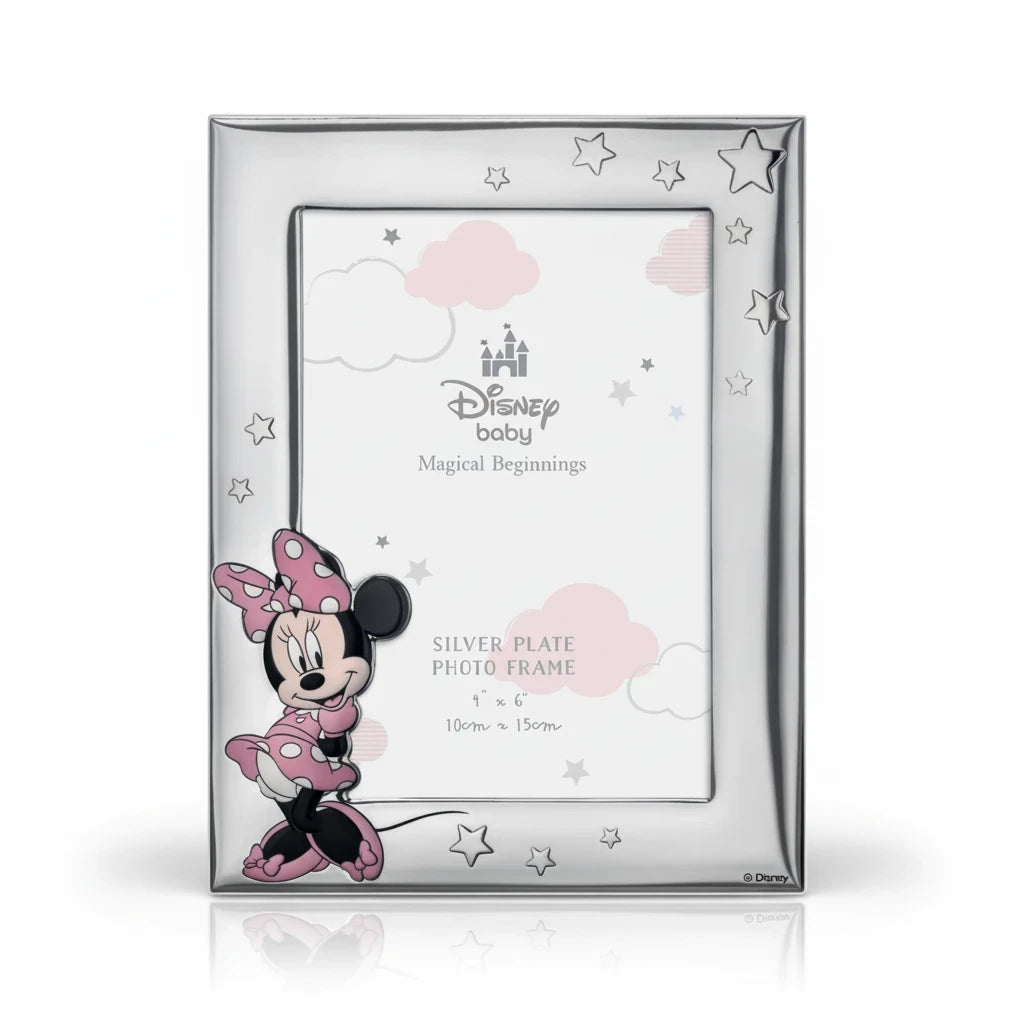 Cornice portafoto FotoGrafica in argento con Minnie Disney Baby, decorata con stelle e nuvole rosa per neonati.