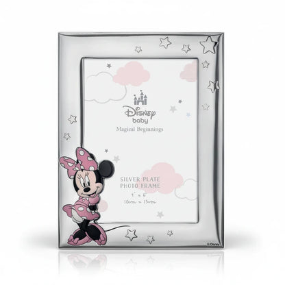 Cornice portafoto FotoGrafica in argento con Minnie Disney Baby, decorata con stelle e nuvole rosa per neonati.