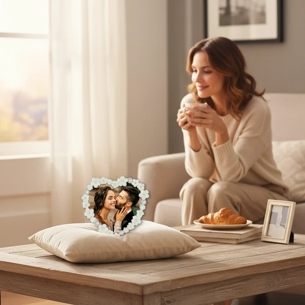 Cornice da Tavolo Love FotoGrafica a forma di cuore con decorazioni floreali su un cuscino in un salotto accogliente