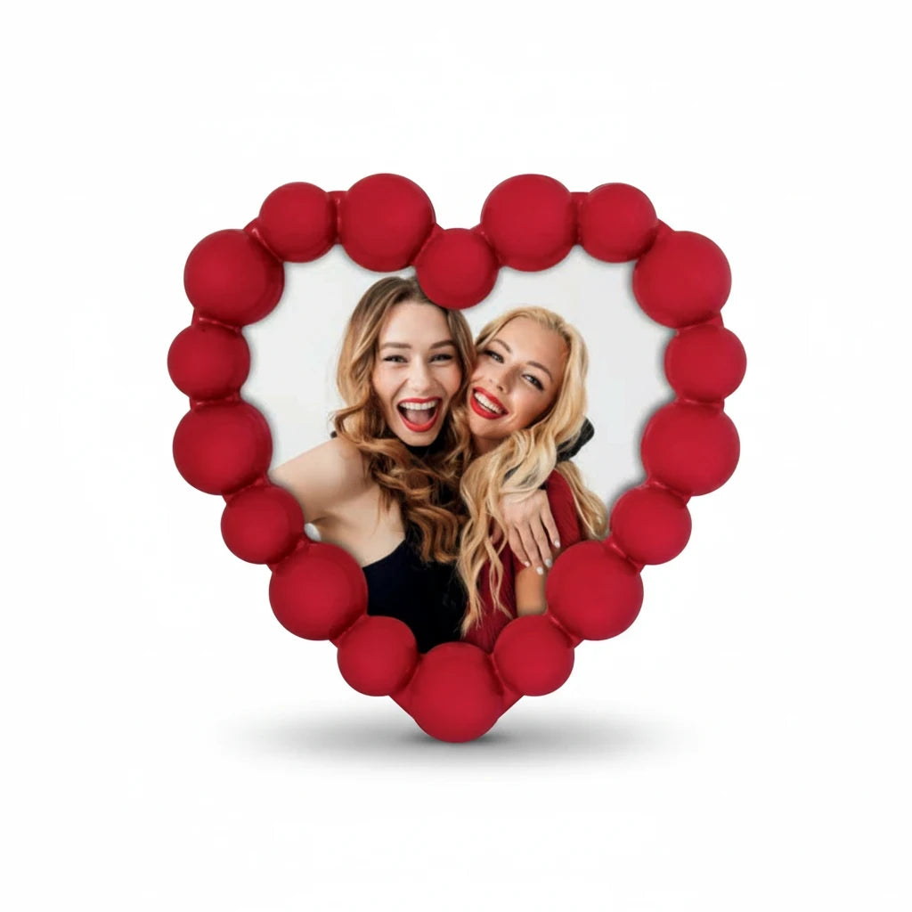 Cornice da tavolo FotoGrafica a forma di cuore rosso con bordo a sfere, ideale per foto romantiche
