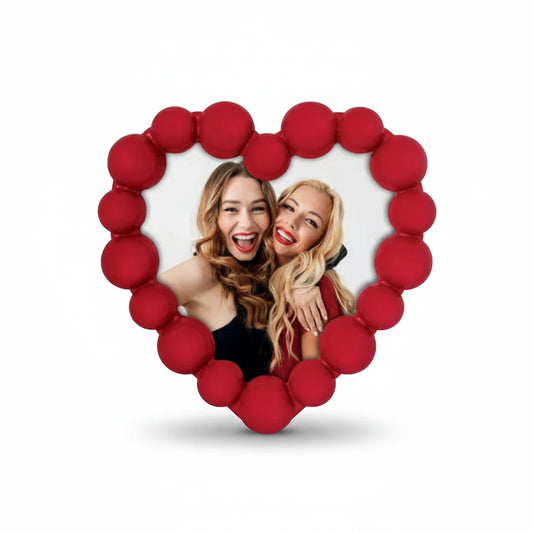 Cornice da tavolo FotoGrafica a forma di cuore rosso con bordo a sfere, ideale per foto romantiche
