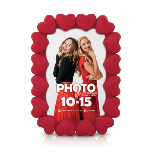 Cornice da tavolo FotoGrafica rossa a forma di cuori per foto 10x15, design romantico in legno