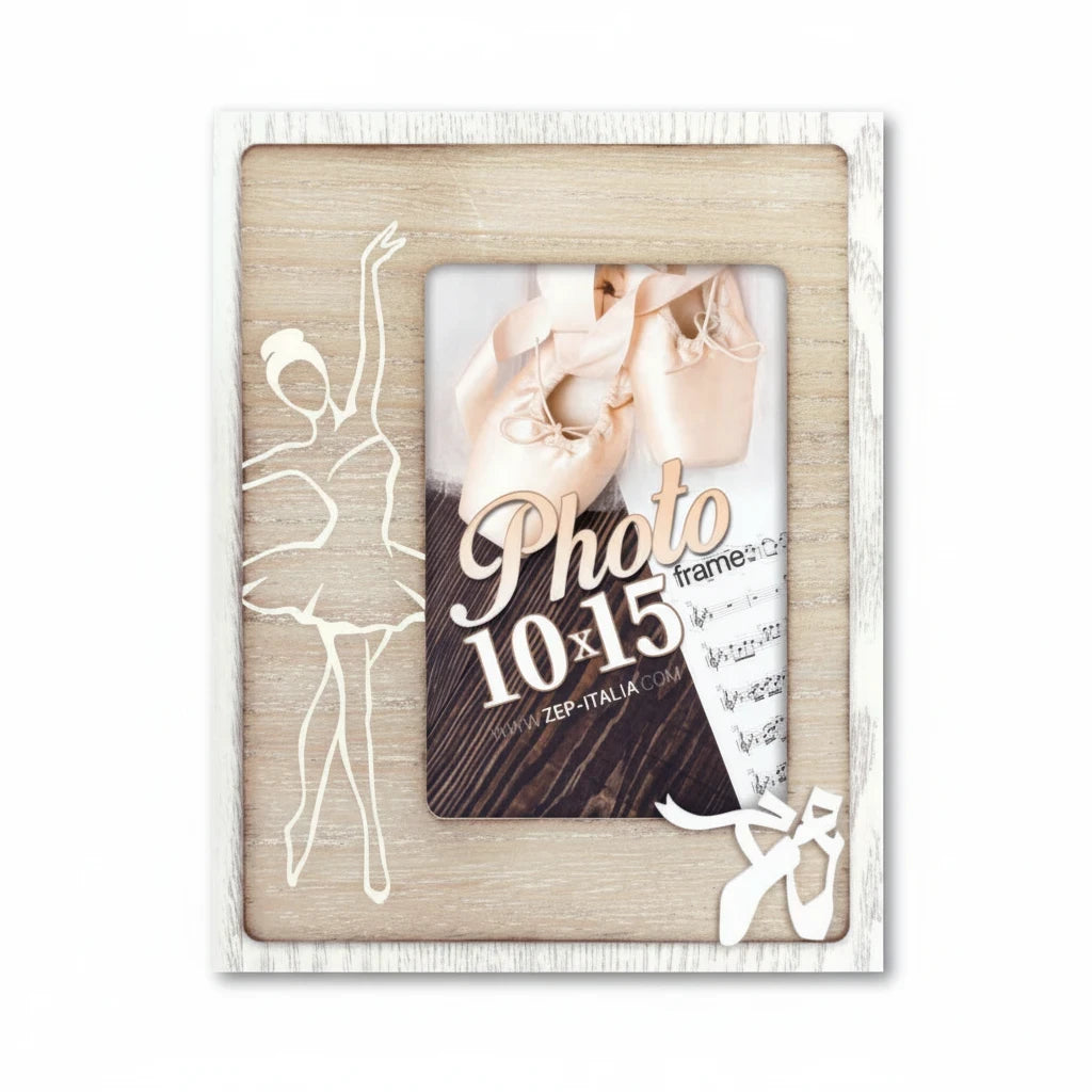 Cornice portafoto FotoGrafica in legno effetto decapato con sagoma di ballerina e scarpette per foto 10x15 cm
