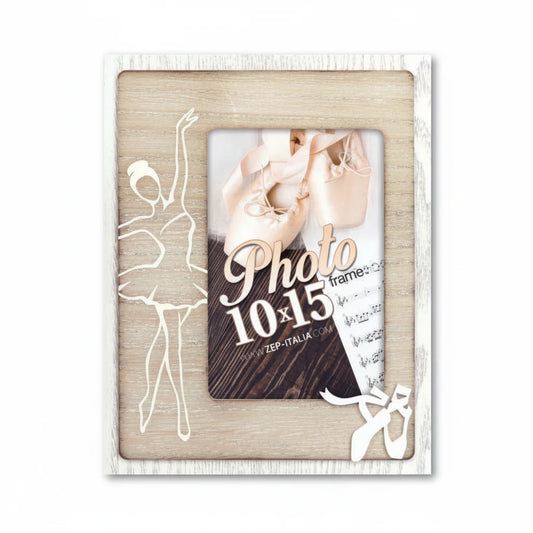 Cornice portafoto FotoGrafica in legno effetto decapato con sagoma di ballerina e scarpette per foto 10x15 cm