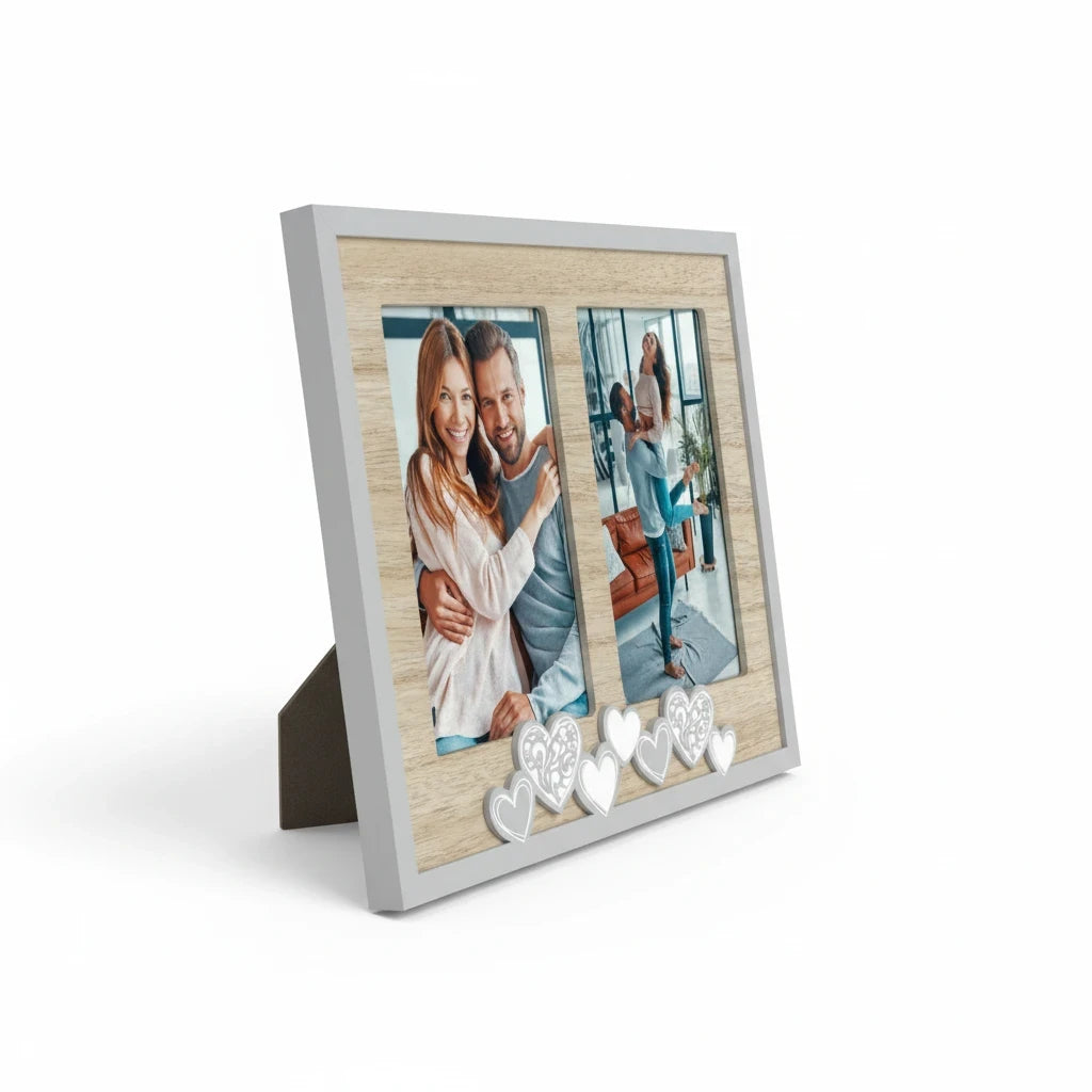 Cornice da tavolo doppia FotoGrafica in legno con decorazioni a forma di cuore per due foto romantiche