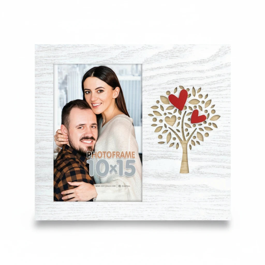 Cornice da tavolo FotoGrafica in legno bianco con decorazione ad albero e cuori rossi per foto 10x15