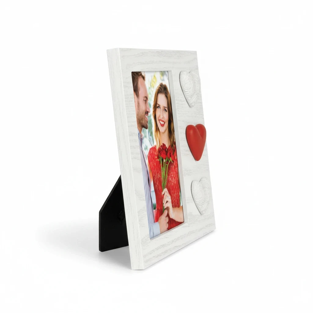 Cornice da tavolo FotoGrafica in legno bianco con decorazioni a cuore per foto romantiche