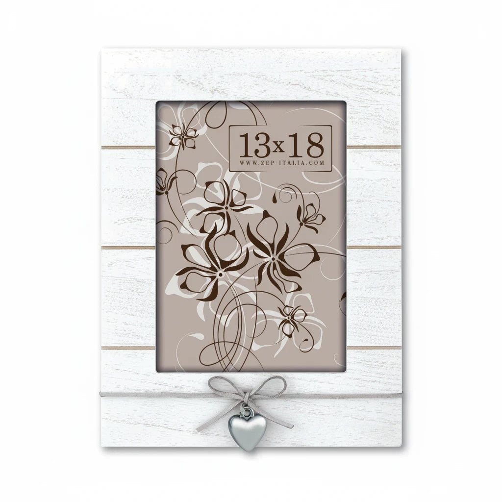 Cornice da tavolo FotoGrafica Love in legno bianco effetto decapato con decorazione a cuore e fiocco