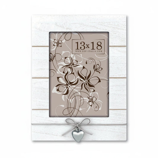 Cornice da tavolo FotoGrafica Love in legno bianco effetto decapato con decorazione a cuore e fiocco