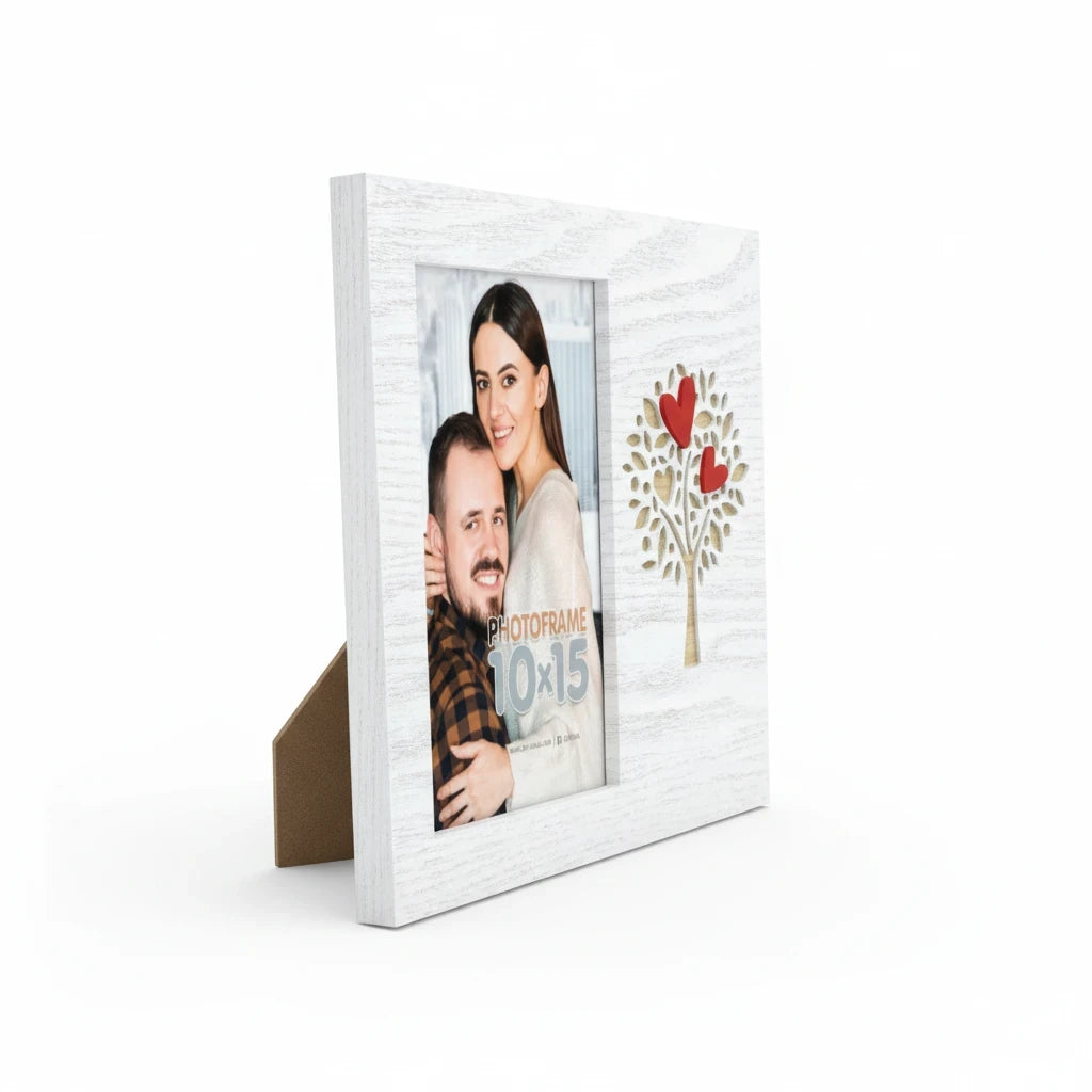 Cornice da tavolo FotoGrafica Love in legno bianco con decorazione ad albero e cuori rossi per foto 10x15