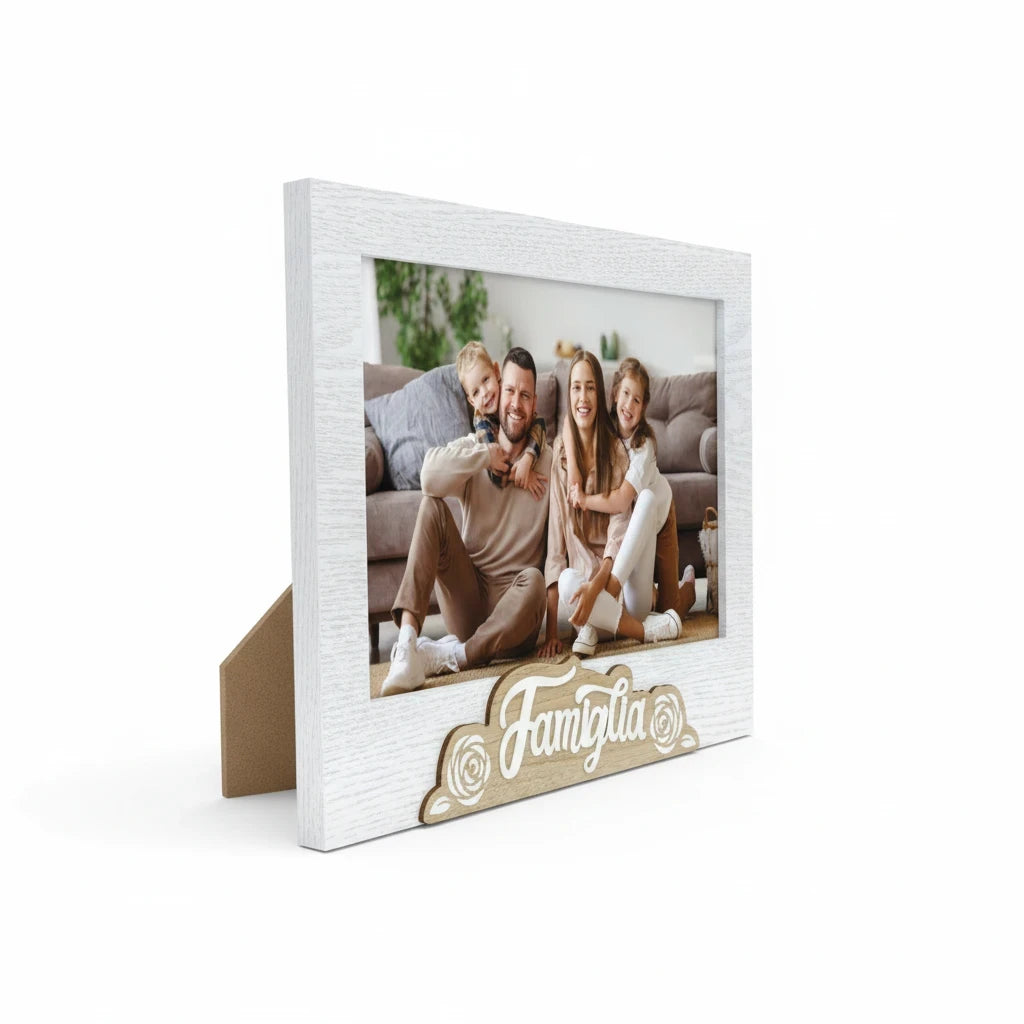 Cornice da tavolo FotoGrafica in legno bianco con scritta Famiglia, ideale per foto di famiglia e decorazione casa