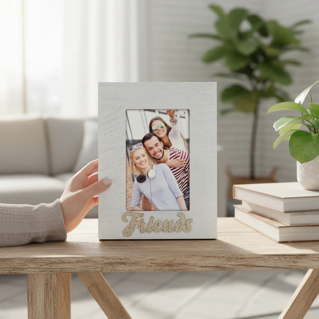 Cornice da tavolo FotoGrafica in legno bianco con scritta Friends e foto di gruppo, ideale per arredamento casa