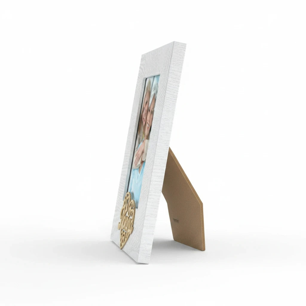Cornice da tavolo FotoGrafica in legno bianco con scritta decorativa, vista laterale per foto di famiglia
