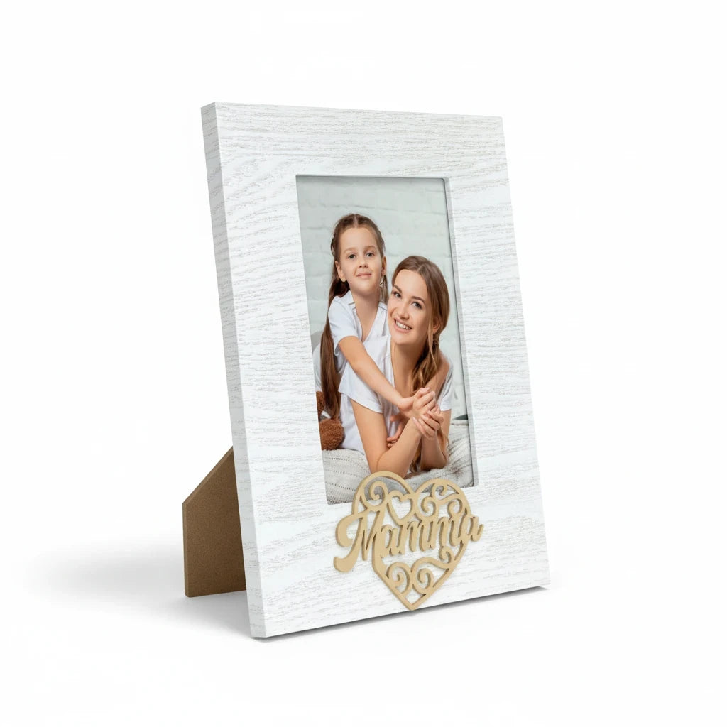 Cornice da tavolo FotoGrafica in legno bianco con decorazione a cuore e scritta Mamma, ideale per foto di famiglia