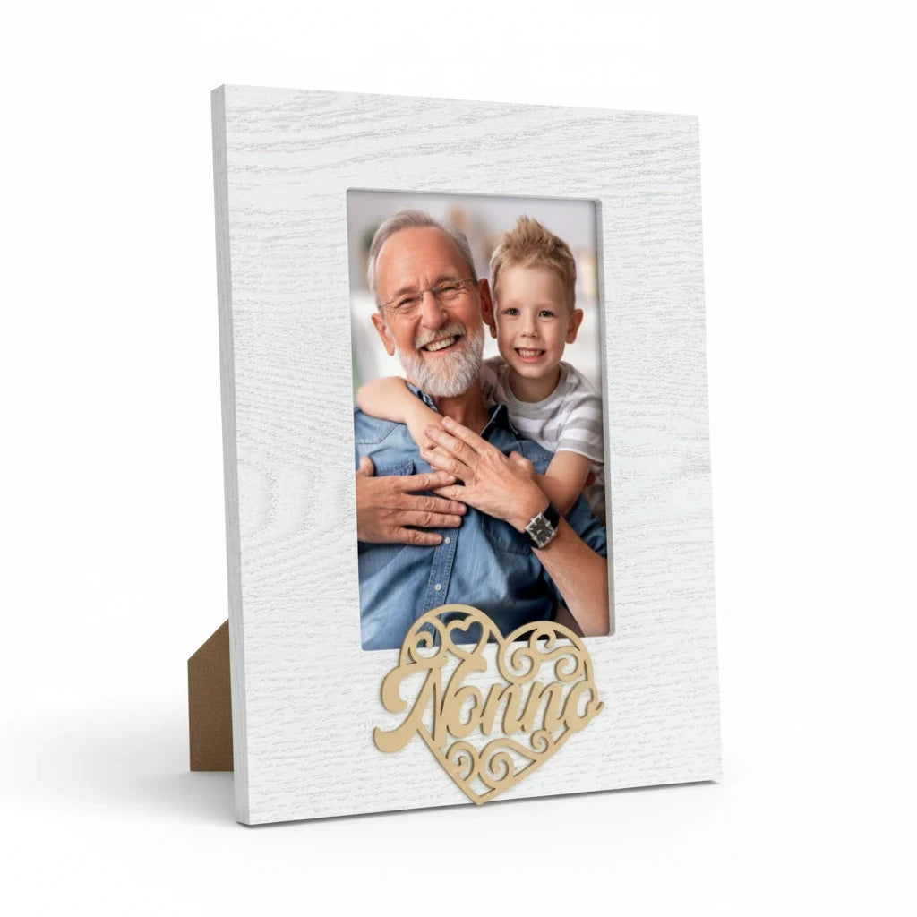 Cornice da tavolo FotoGrafica in legno bianco con decorazione a cuore e scritta Nonno, ideale per foto di famiglia