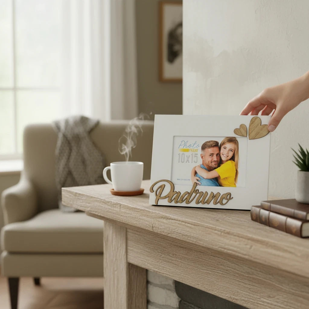 Cornice da tavolo FotoGrafica in legno bianco con cuori decorativi e scritta Padrino, ideale per foto 10x15
