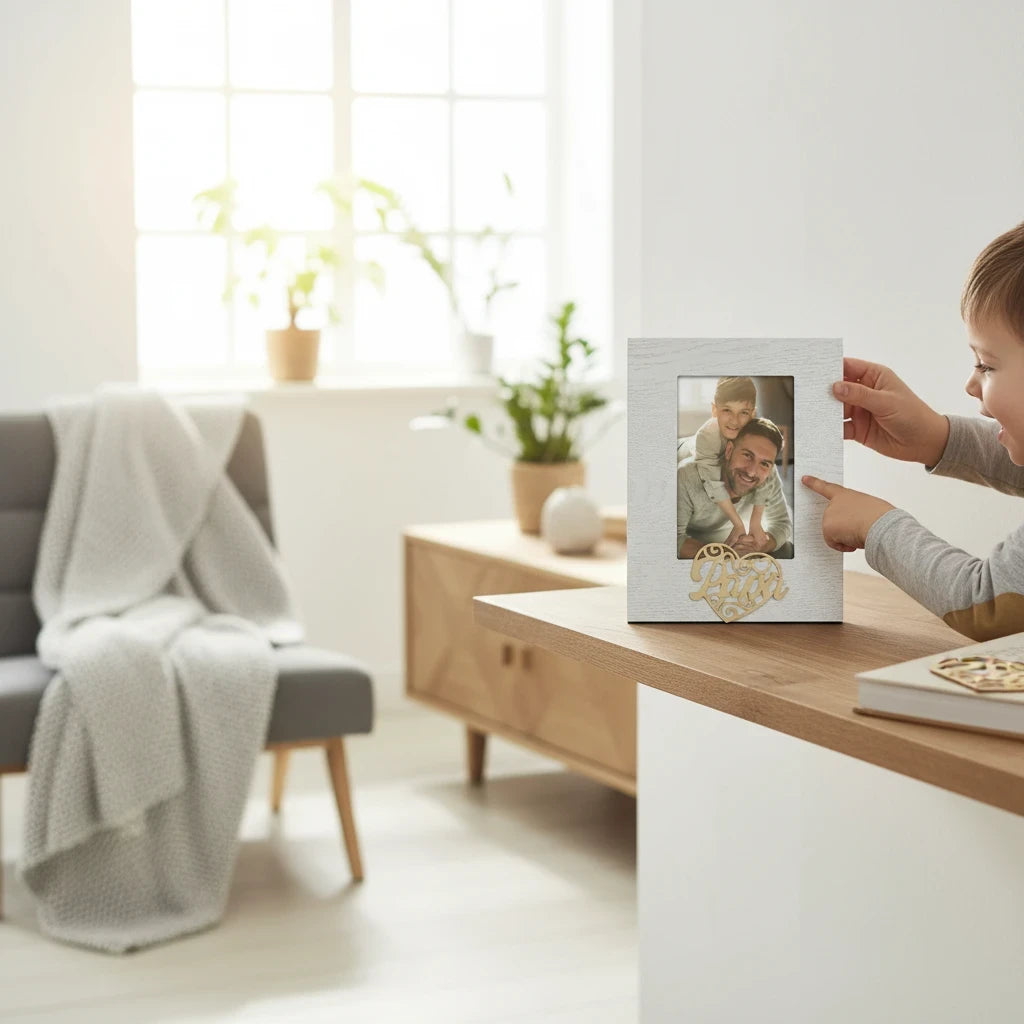 Cornice da tavolo FotoGrafica in legno bianco con scritta Papa e cuore, tenuta da un bambino in un soggiorno luminoso