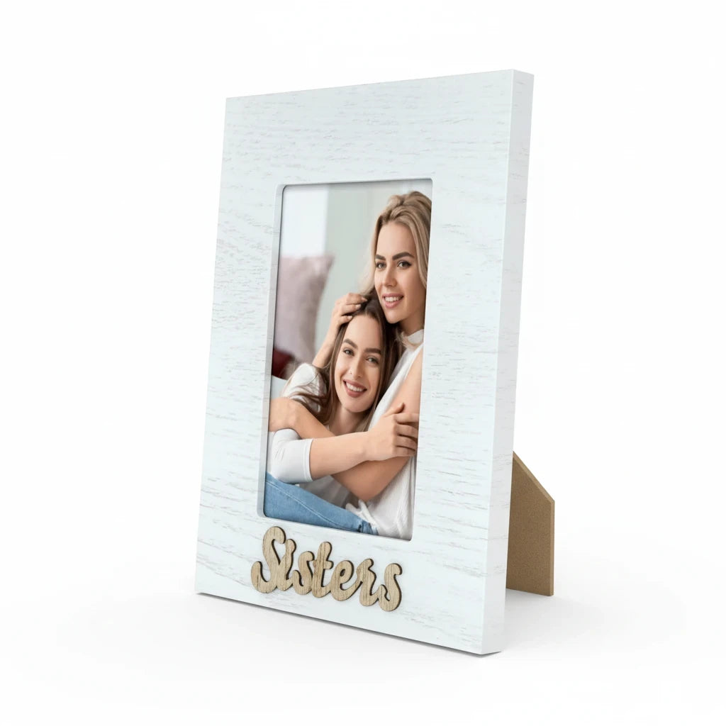 Cornice da tavolo FotoGrafica in legno bianco con scritta Sisters e foto di due sorelle, ideale come regalo.