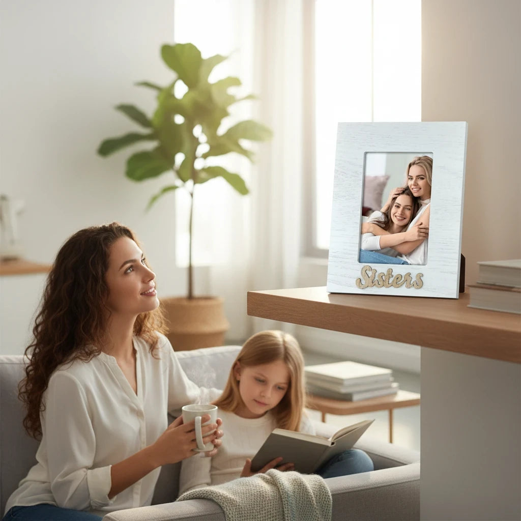 Cornice da tavolo FotoGrafica in legno bianco con scritta Sisters, ideale per foto di famiglia su mobile moderno