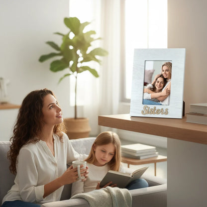 Cornice da tavolo FotoGrafica in legno bianco con scritta Sisters, ideale per foto di famiglia su mobile moderno