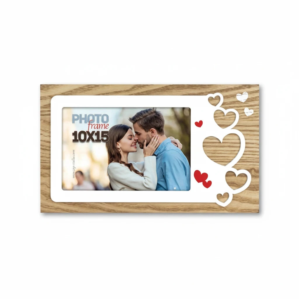Cornice da tavolo FotoGrafica in legno con decorazioni a forma di cuore, ideale per foto romantiche 10x15 cm