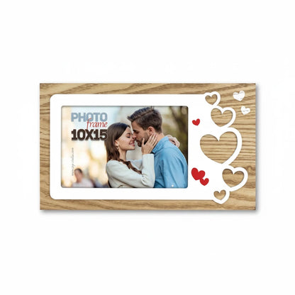 Cornice da tavolo FotoGrafica in legno con decorazioni a forma di cuore, ideale per foto romantiche 10x15 cm