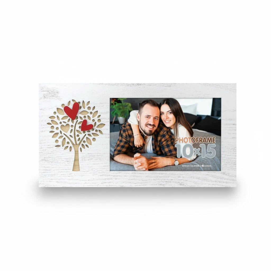 Cornice da tavolo FotoGrafica in legno bianco con decorazione ad albero e cuori rossi per foto 10x15 cm