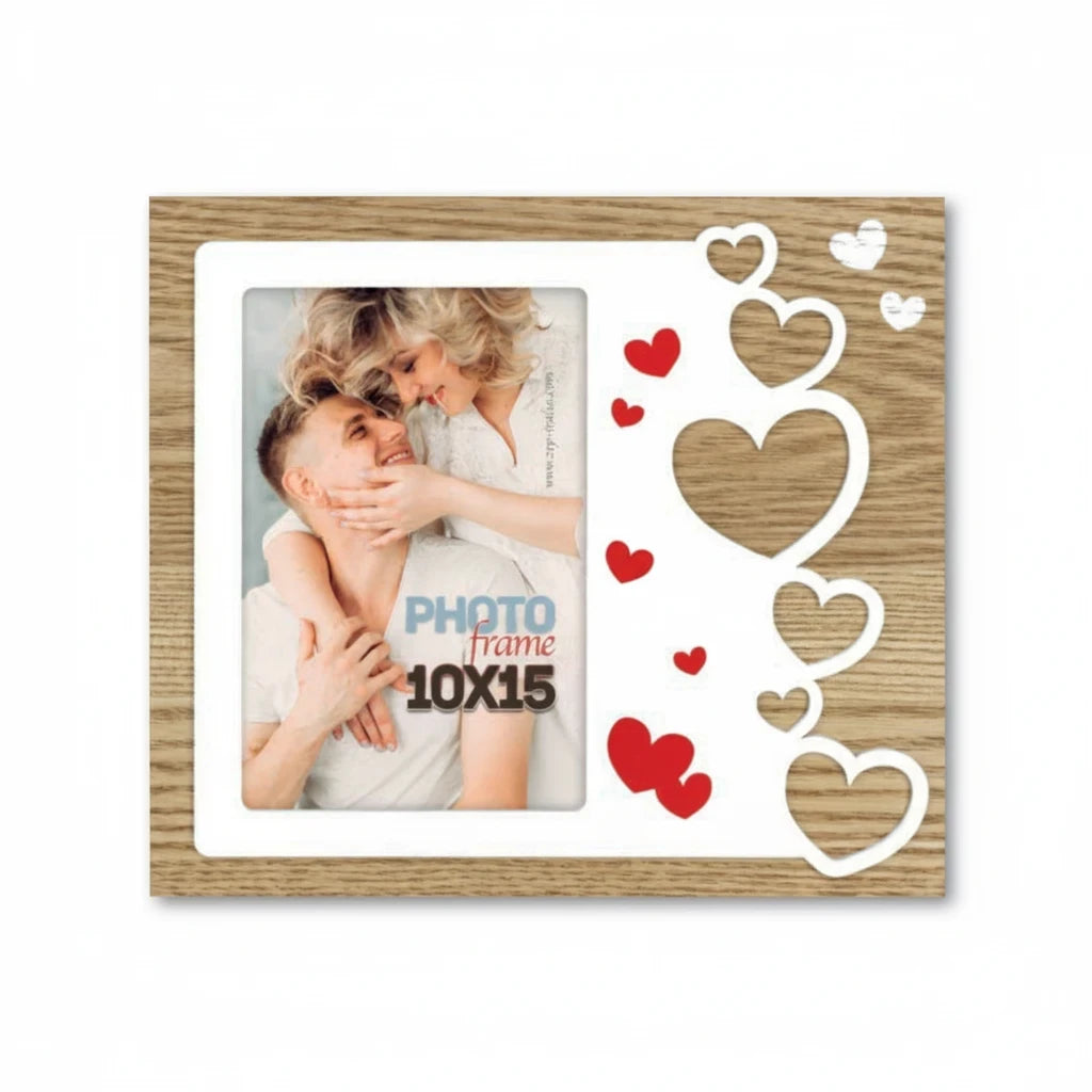 Cornice da tavolo FotoGrafica in legno con decorazioni a forma di cuore rosso e bianco per foto 10x15