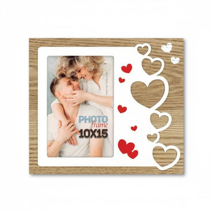 Cornice da tavolo FotoGrafica in legno con decorazioni a forma di cuore rosso e bianco per foto 10x15
