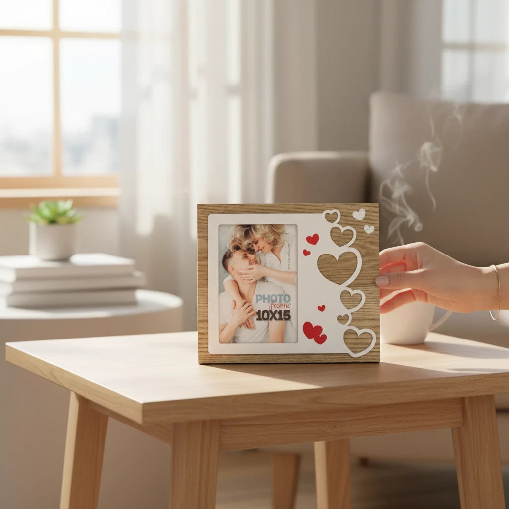 Cornice da tavolo FotoGrafica in legno con decorazioni a forma di cuore bianche e rosse per foto 10x15
