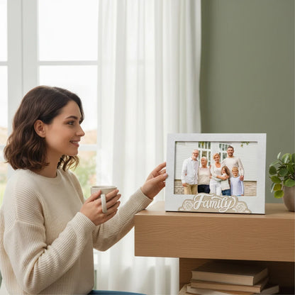 Donna sorridente tiene una cornice da tavolo in legno FotoGrafica con scritta Family e foto di famiglia