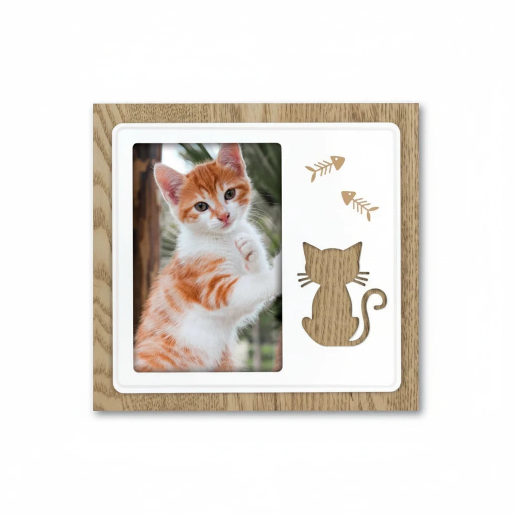 Cornice portafoto FotoGrafica in legno con decorazioni a forma di gatto e lisca di pesce per foto di animali