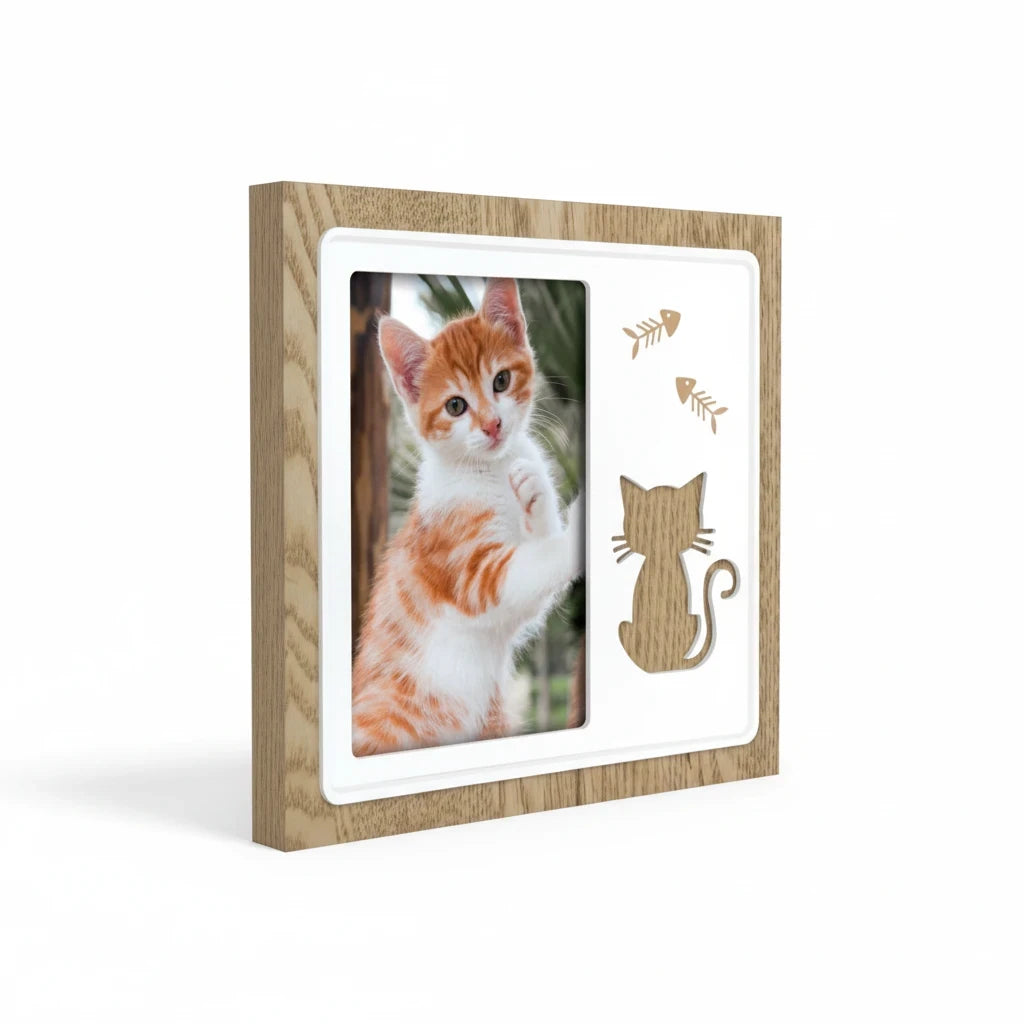 Cornice portafoto FotoGrafica in legno con decorazioni a tema gatto e lische di pesce per foto di animali domestici